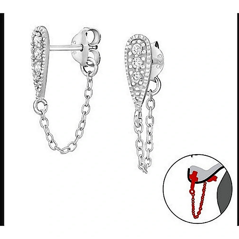 NEW Women's 14k White Gold‎ Filled Diamond Teardrop Chain Stud Earrings